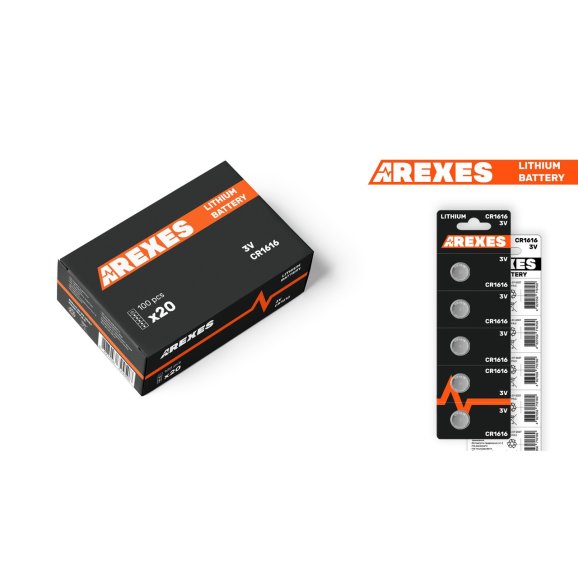 Батарейка CR1616 3v Arexes литиевая (в упаковке 20 блистеров, 100 батареек)