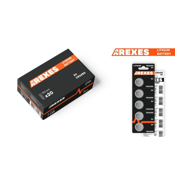 Батарейка CR2450 3v Arexes литиевая (в упаковке 20 блистеров, 100 батареек)